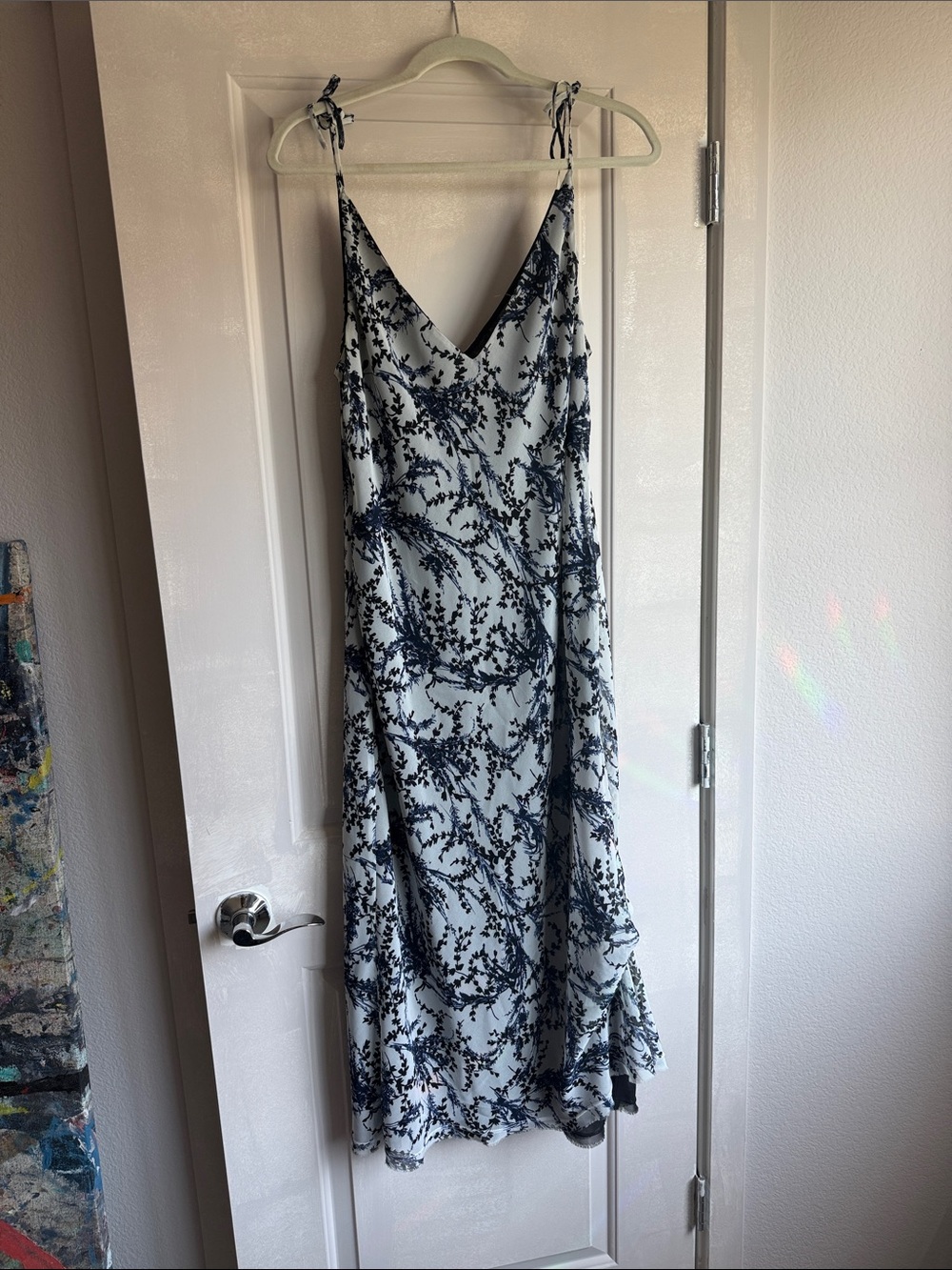 Blue Floral Midi Slip Dress with Tie Straps